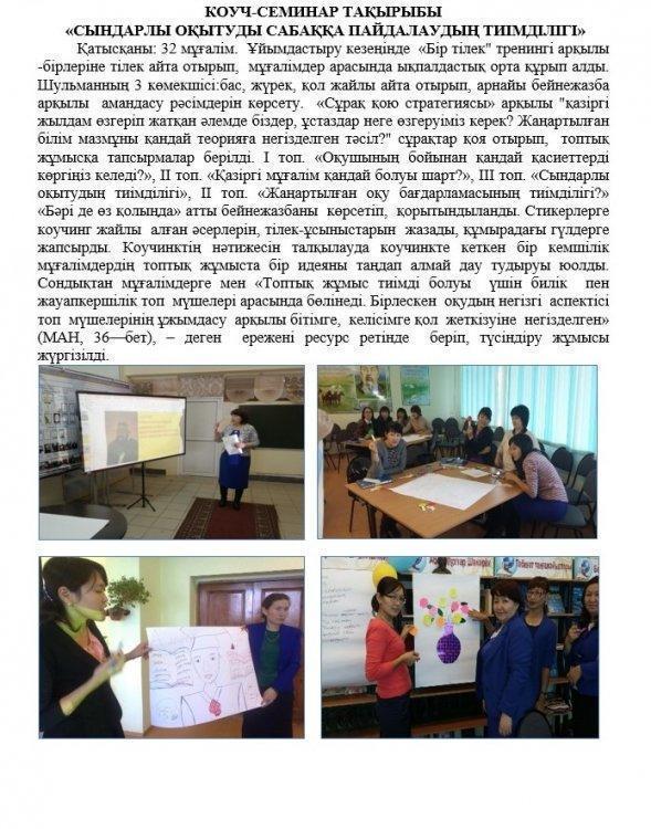 КОУЧ-СЕМИНАР ТАҚЫРЫБЫ  «СЫНДАРЛЫ ОҚЫТУДЫ САБАҚҚА ПАЙДАЛАУДЫҢ ТИІМДІЛІГІ»